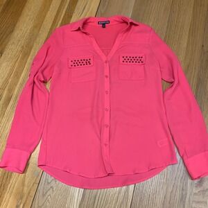 Express Womens XS Hot Pink Studded‎ Pocket Roll Tab Sleeve Button Down Shirt